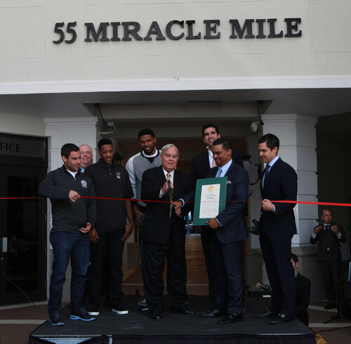 From Left to Right, Miami Commissioner Frances Suarez, Coral Gables Chamber of Commerce President & CEO Mark Trowbridge, Miami HEAT Player Mario Chalmers, Miami HEAT Player Udonis Haslem, Coral Gables Mayor James Cason, Coral Gables Commissioner Frank Quesada, CGI CEO Raoul Thomas (holding a City of Coral Gables Proclamation), City of Coral Gables Commissioner Vince Lago