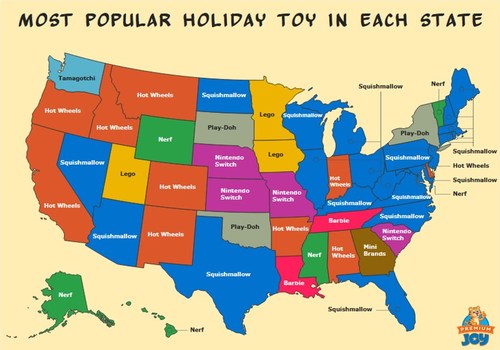 Map Showing the Most Popular Holiday Toy in Each State for 2022