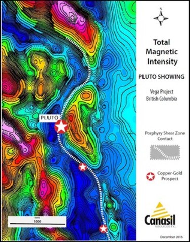 Canasil Vega Project Airborne Magnetics Survey, November 2016; PLUTO Area Surface Showings, Multiple Gold-Copper Porphyry Prospects over a 4-km Shear Zone Contact (CNW Group/Canasil Resources Inc.)