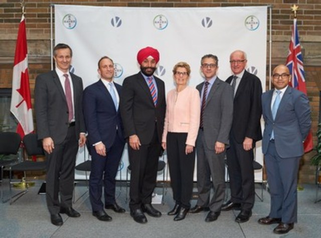 Bayer AG and Versant Ventures are joined by Federal Minister of Innovation, Science and Economic Development Navdeep Bains and Ontario Premier Kathleen Wynne, to  launch USD $225m BlueRock Therapeutics, a cutting-edge stem cell therapeutics company. (L to R: Dr. Jerel Davis, Dr. Axel Bouchon, Hon. Navdeep Bains, Hon. Kathleen Wynne, Dr. Bradly Wouters, Dr. Gordon Keller, Alok Kanti) (CNW Group/Bayer Canada)