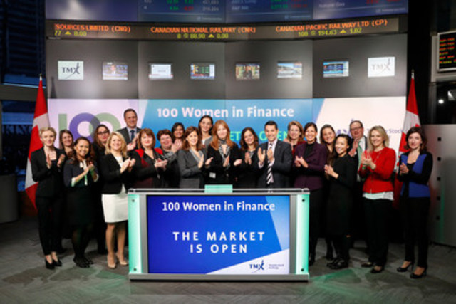Lisa Petrelli, Michelle Khalili and Jessica Clark Barrow of 100 Women in Finance joined Jeff Foster, Head, Business Development, Equities Trading, TMX Group to open the market  to celebrate the 15th Anniversary of the Association.  Founded in 2001,100 Women in Finance (100WF), formerly 100 Women in Hedge Funds, has grown to an association of more than 15,000 professional women in 21 locations in three continents. 100WF represent diverse roles within financial organizations including, portfolio managers, research analyst and senior executives. The organizations’ core mission is: to make a difference in both industry and community through its three pillars: peer engagement, educational programming, and philanthropy. 100 WF marked the milestone with bell ringing ceremonies and events in New York, Zurich, Singapore, Hong Kong, Dubai and Toronto.  For more information, please visit www.100women.org. (CNW Group/TMX Group Limited)