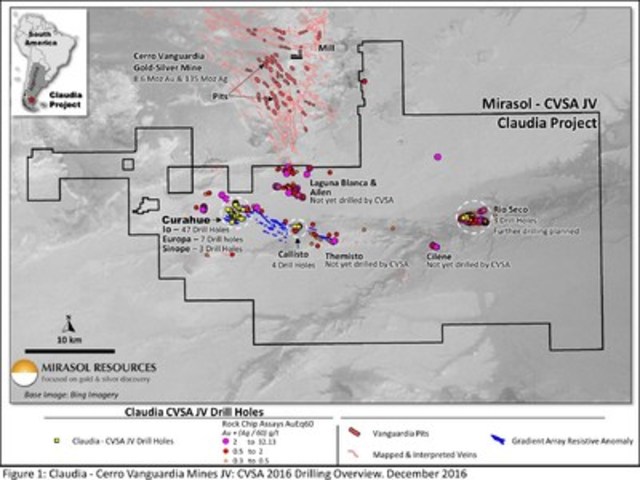 Figure 1: Claudia - Cerro Vanguardia Mines JV: CVSA 2016 Drilling Overview. December 2016 (CNW Group/Mirasol Resources Ltd.)