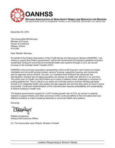 OANHSS Letter to Minister Morneau on the Canada Health Transfer