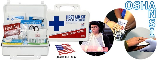 Worried about ANSI and OSHA requirements? This affordable complete ANSI/OSHA first aid kit is Made right here in the USA. The Urgent First Aid kit is Class A first aid kit compliant. It meets or exceeds the most recent OSHA and ANSI Standard fill requirements, with contents designed to deal with most common types of workplace injuries so you know you and your employees will be covered with the new ANSI requirements. Just $19.99 for OSHA & ANSI compliance for workplaces of up to 25 employees!