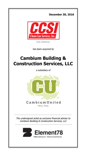 Cambium Building &amp; Construction Services, A Cambium United Company, Acquires Chem-Can Services