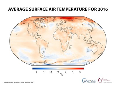 Air temperature at a height of two metres for 2016, shown relative to its 1981-2010 average. 
Source: Copernicus Climate Change Service, ECMWF. (PRNewsFoto/C3S)