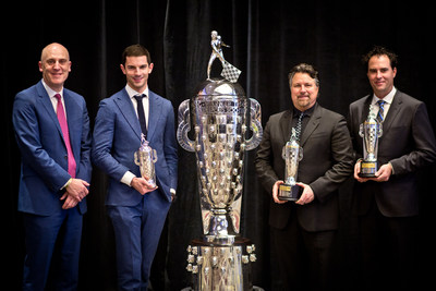 From left to right: BorgWarner President and Chief Executive Officer James Verrier presented 2016 Indianapolis 500 winner Alexander Rossi with a BorgWarner Championship Driver's Trophy(TM) and team owners Michael Andretti and Bryan Herta with a BorgWarner Championship Team Owner's Trophy(TM).
