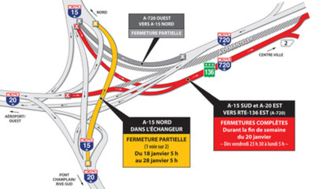 Projet Turcot à Montréal - Fermeture complète de la route 136 est (A-720 est) durant la fin de semaine du 20 janvier