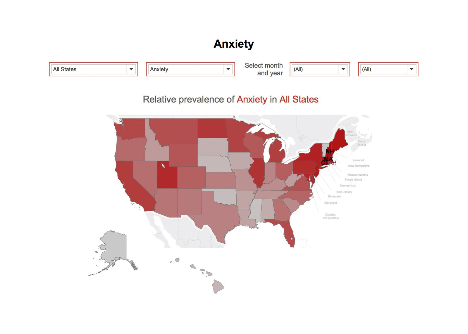 The map from CrisisTrends.org shows that anxiety appears more prevalent in New England, with New Hampshire, Connecticut, and Massachusetts topping the list.