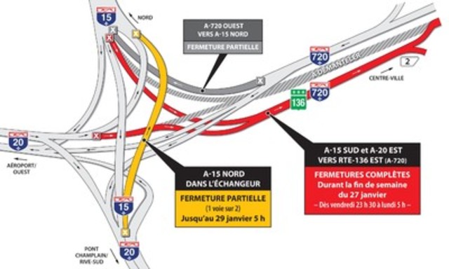 Projet Turcot à Montréal - Fermeture complète de la route 136 est (A-720 est) durant la fin de semaine du 27 janvier