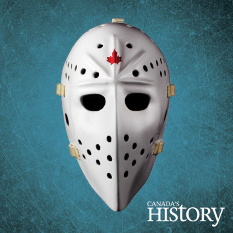 Hand-made replica of Jacques Plante’s 1974 white fibreglass goalie mask. (CNW Group/Canada's History)