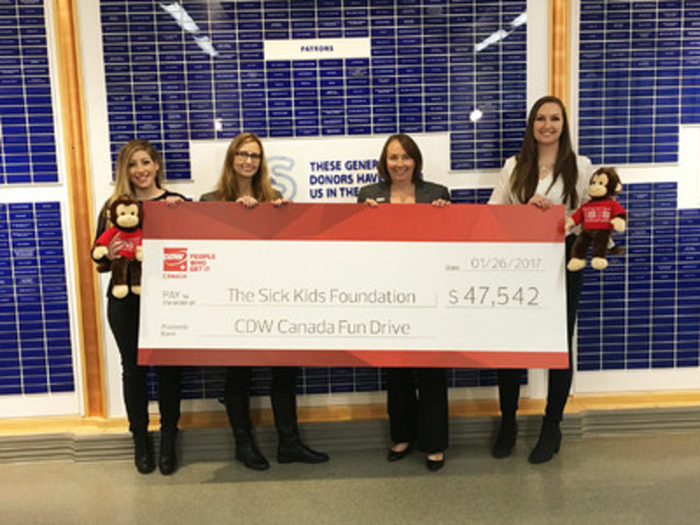 CDW Canada coworkers present a cheque to SickKids. From left to right: Jackie Macera (CDW Canada), Julie Clivio (CDW Canada), Jennifer Frew (SickKids Foundation) and Katerina Sentsisena (CDW Canada). (CNW Group/CDW Canada Inc.)