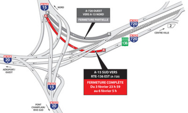 Projet Turcot à Montréal - Fermeture de la bretelle menant de l'autoroute 15 en direction sud vers la route 136 est (A-720) durant la fin de semaine du 3 février 2017