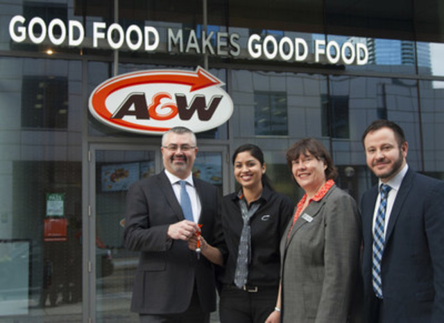 A&W awarded Barmil Mallhi with her restaurant on February 8, 2017. Mallhi is A&W's first-ever Urban Franchise Associate. Pictured here: (L-R) David Rocheleau, Regional Franchise Development Manager, A&W Food Services of Canada Inc.; Barmil Mallhi, First A&W Urban Franchise Associate; Susan Senecal, President and Chief Operating Officer, A&W Food Services of Canada Inc. and Yanick Morin, National Director, Franchise Development, A&W Food Services of Canada Inc. (CNW Group/A&W Food Services of Canada Inc.)