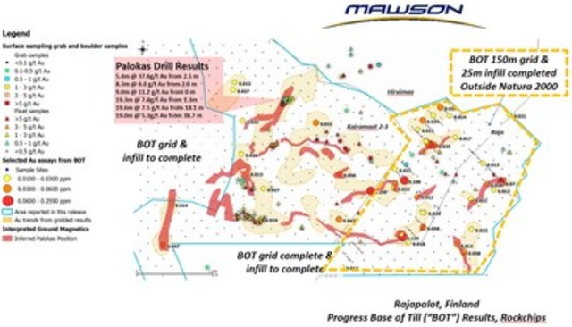 Figure 1: Rajapalot, Finland: Progress Base of Till (“BOT”) Results and Rock Chips (CNW Group/Mawson Resources Ltd.)