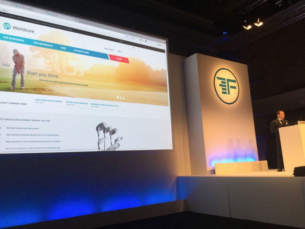 Worldcore CMO Sean Patterson unveils FaceKey technology to a crowd of 1,800 fintech industry insiders at FinovateEurope 2017 in London (PRNewsFoto/Worldcore Prague)