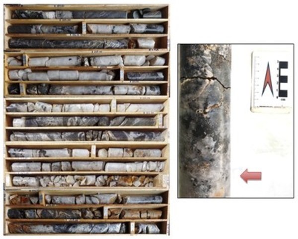 Figure 4: Drill core from Meridian drill hole DDH_BF_0004, illustrating oxide-sulphide mineralization with a package of quartz veins, 103.9 - 115.9m (example arrowed to the right). Assay results pending. (CNW Group/Meridian Mining S.E.)