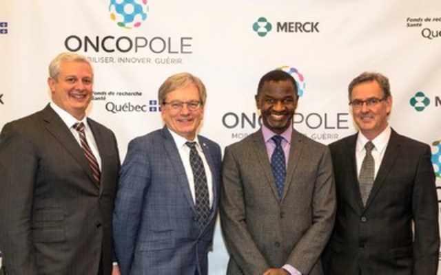 Mr. Adam H. Schechter, President, Global Human Health, Merck, Mr. Rémi Quirion, Québec Chief Scientist and Chairman of the boards of directors of the Fonds de recherche du Québec, Mr. Chirfi Guindo, President and Managing Director of Merck Canada Inc. and Mr. Jacques Simard, Oncopole leader - axis 2 (CNW Group/Oncopole)