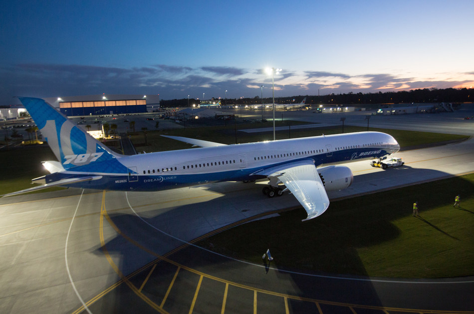 The first 787-10 Dreamliner rolls out for its debut at Boeing South Carolina.