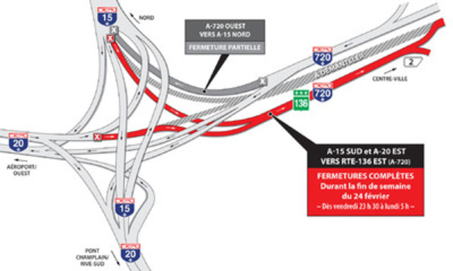 Projet Turcot à Montréal - Fermeture complète de la route 136 est (A-720 est) durant la fin de semaine du 24 février