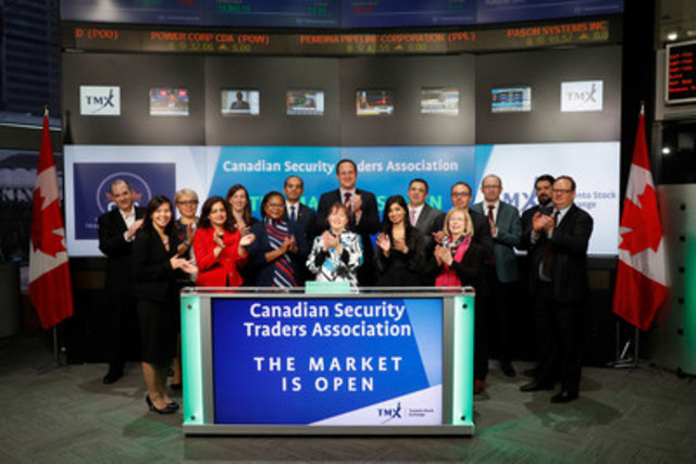 Rizwan Awan, Canadian Security Traders Association, Inc., Chair joined Graham Mackenzie, Senior Acount Manager, Equities, TMX Group to open the market to kick-off the CSTA Annual Vendor Fair. Formed in 2000, the Canadian Security Traders Association (CSTA) serves as a voice for nearly 850 equity traders in Canada and works alongside its American counter parts. The Board of Governors is committed to industry advancement through regulatory input, continuing education, and collaboration. The CSTA Annual Vendor fair takes place on February 23 at the Design Exchange in Toronto and the annual conference will be held in Ottawa in August 2017. For more information, please visit https://www.canadiansta.org/ (CNW Group/TMX Group Limited)