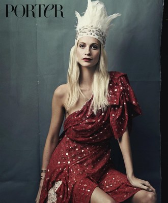 Poppy Delevingne wears dress by Andreas Kronthaler for Vivienne Westwood, headdress by Curious Fare and cuff by Jennifer Fisher, photographed by Bjorn Iooss for PORTER. All items can be purchased directly off the pages of PORTER magazine either by scanning the item with the NET-A-PORTER shopping app or by purchasing the PORTER digital edition at https://itunes.apple.com/gb/app/porter-magazine-uk/id803076371?mt=8 (PRNewsFoto/PORTER, powered by NET-A-PORTER)