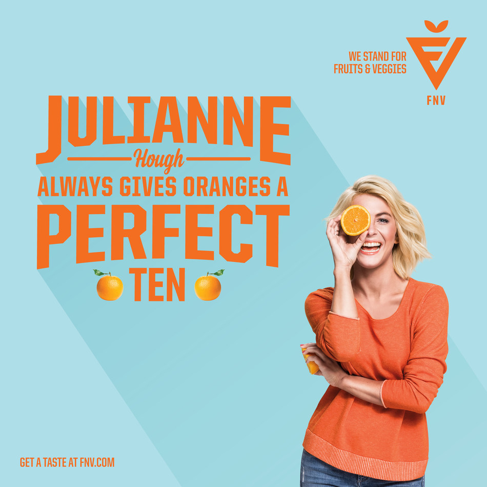 Julianne Hough gives oranges a perfect 10 in the celebrity packed FNV campaign. The campaign has brought together over 85 celebrities who are bringing their star power to fruits and veggies.