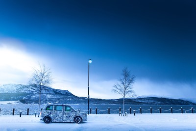 The all-new electric London Taxi in the lower reaches of the Arctic Circle in Norway, taking part in extreme cold climate testing to ensure the highest levels of quality, reliability and usability for demanding taxi usage cycles before launch later this year. (PRNewsFoto/London Taxi Company)