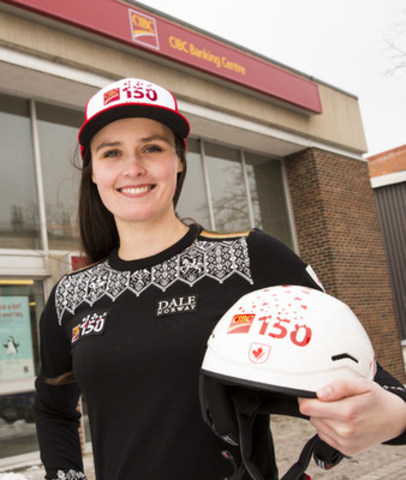 CIBC presented Canadian Ski Cross champion and Olympic gold medallist Marielle Thompson with a new CIBC race helmet after officially welcoming her as a CIBC 150 ambassador, at the Collingwood CIBC Banking Centre. Thompson will help the bank celebrate its shared 150th anniversary with Canada this year. (CNW Group/CIBC)