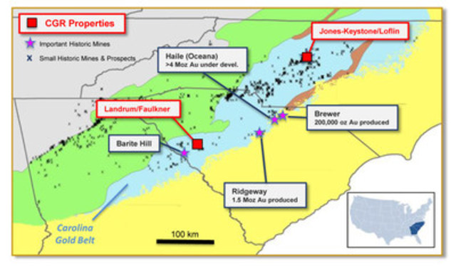 Figure 3: Location of CGR Projects in the Carolina Gold Belt, North and South Carolina (CNW Group/RNC Minerals)