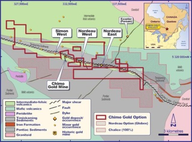 Figure 1. Local geology, gold deposits and occurrences, East Cadillac Gold project. (CNW Group/Chalice Gold Mines Limited)