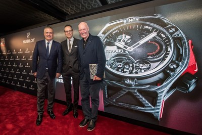 Ricardo GUADALUPE (Hublot CEO), Flavio MANZONI (Ferrari Head of Design), Jean-Claude BIVER  (Hublot Chairman and President of LVMH Watch Division) unveil the Hublot Techframe timepiece (PRNewsFoto/Hublot)