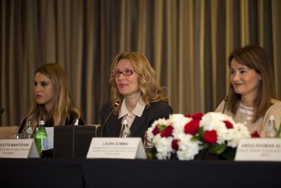 From left to right: Dana Al Fardan, Composer of Brave New World; Nicoletta Mantovani, President & Founder of Luciano Pavarotti Foundation; Laura Somma, Managing Director, Co-founder of Rosso Italiano & Executive Producer of Brave New World, a Tribute to Luciano Pavarotti. (PRNewsFoto/Rosso Italiano & Pavarotti Found)