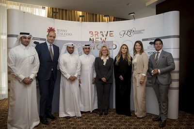 From left to right: Abdulrahman Al Ajail, Deputy Director Events & Marketing of The Qatar National Convention Centre; H.E. Guido De Sanctis, Ambassador of Italy to Qatar; Ali Al Haj, COO of Rosso Italiano; Essa Al Zeyara, CEO of Rosso Italiano; Nicoletta Mantovani, President & Founder of Luciano Pavarotti Foundation; Dana Al Fardan, Composer of Brave New World; Laura Somma, Managing Director, Co-founder of Rosso Italiano & Executive Producer of Brave New World, a Tribute to Luciano Pavarotti; Deep Kumar, Director of Sales at St. Regis Hotel. (PRNewsFoto/Rosso Italiano & Pavarotti Found)