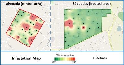 Infestation map for untreated area (Alvorada) /treated area (Sao Judas) - week 52 (PRNewsFoto/Oxitec Ltd)