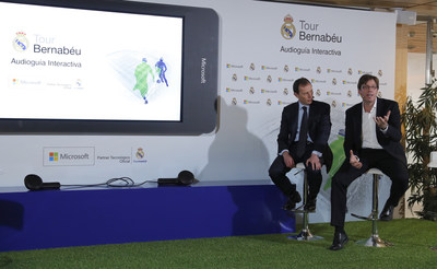 Real Madrid's director of International Relations, Emilio Butragueno (L), and Microsoft Sports' general director, Sebastian Lancestremere (R), attend the presentation of the first interactive audio guide 'Tour Bernabeu' to visit the Santiago Bernabeu stadium in Madrid, Spain, 03 April 2017. (PRNewsFoto/Microsoft)