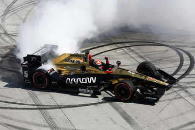 James Hinchcliffe celebrates his victory Sunday at the Grand Prix of Long Beach.