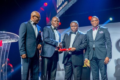 2017 CEO Awards 4: l-r: CEO, UBA Francophone Africa, Mr. Emeke Iweriebor; Executive Director, Lagos and West, Mr Ayo Liadi ; Award Winner and MD/CEO, UBA Cameroun, Mr. Isong Udom; and CEO, UBA Anglophone Africa, Mr. Oliver Alawuba; at the Annual  UBA CEO Awards which was held in Lagos at the weekend (PRNewsfoto/United Bank for Africa (UBA))