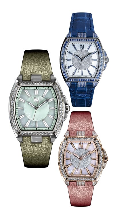 Avakian's new Lady Concept is a bejewelled interpretation of the Tonneau silhouette. Created in tribute to the free-spirited dynamic woman, the daring new timepiece features elegant alligator leather or pearly mosaic rubber strap (available in eight colourways). (PRNewsfoto/Avakian)