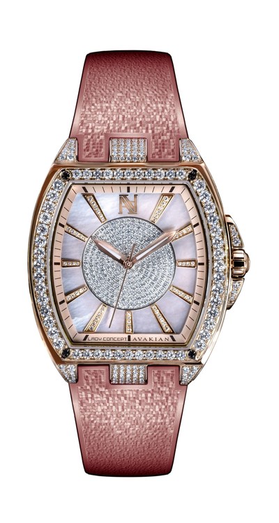 The Avakian Lady Concept jewelled timepiece features pink gold and diamond bezel, case and hour markers set with 564 diamonds. Uniting in beauty are the pink opaline, white diamond centre and pink mother-of-pearl dial. The watch has a pink gold deployant buckle clasp with a pearly-mosaic pink rubber strap. It is also available in alligator strap variation. (PRNewsfoto/Avakian)