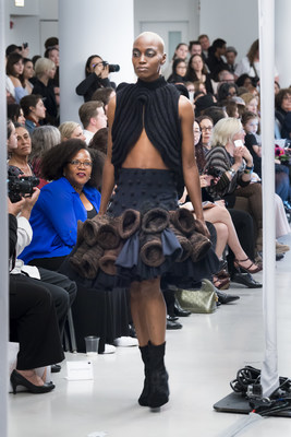 More than 500 people showed up to the 83rd School of the Art Institute of Chicago Fashion Show on Friday, May 5th at VenueSix10 at the Spertus Institute to see the imaginative collections from 20 emerging designers, including this work by Michel’Le Forrest. (Photo by Jim Prinz for SAIC)