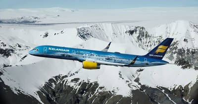 Icelandair's new livery, Vatnajokull, takes a celebratory flight over the largest glacial mass in Europe, which inspired it. The plane joins the airline's transatlantic fleet. Find out more Icelandair.com (PRNewsfoto/Icelandair)