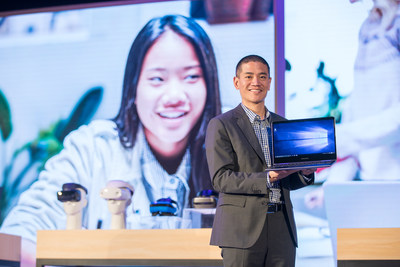 Peter Han, VP, Partner Devices and Solutions at Microsoft, shows the Samsung Notebook 9 Pro publicly for the first time during Microsoft’s Computex 2017 keynote