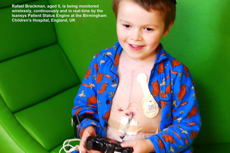 Rafael Brackman, aged 5, is being monitored wirelessly, continuously and in real-time by the Isansys Patient Status Engine at the Birmingham Children's Hospital, England, UK (PRNewsfoto/Isansys Lifecare)