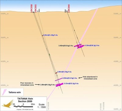 Cross section 2050 of Tatiana Vein (PRNewsfoto/Condor Gold plc)