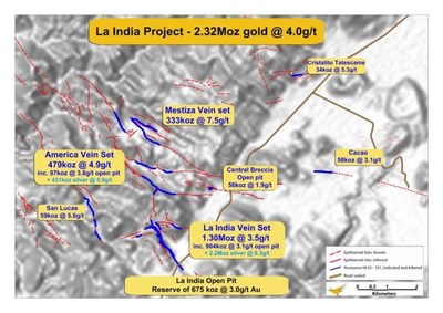 Location of 7 resources that comprise the La India Project (PRNewsfoto/Condor Gold plc)