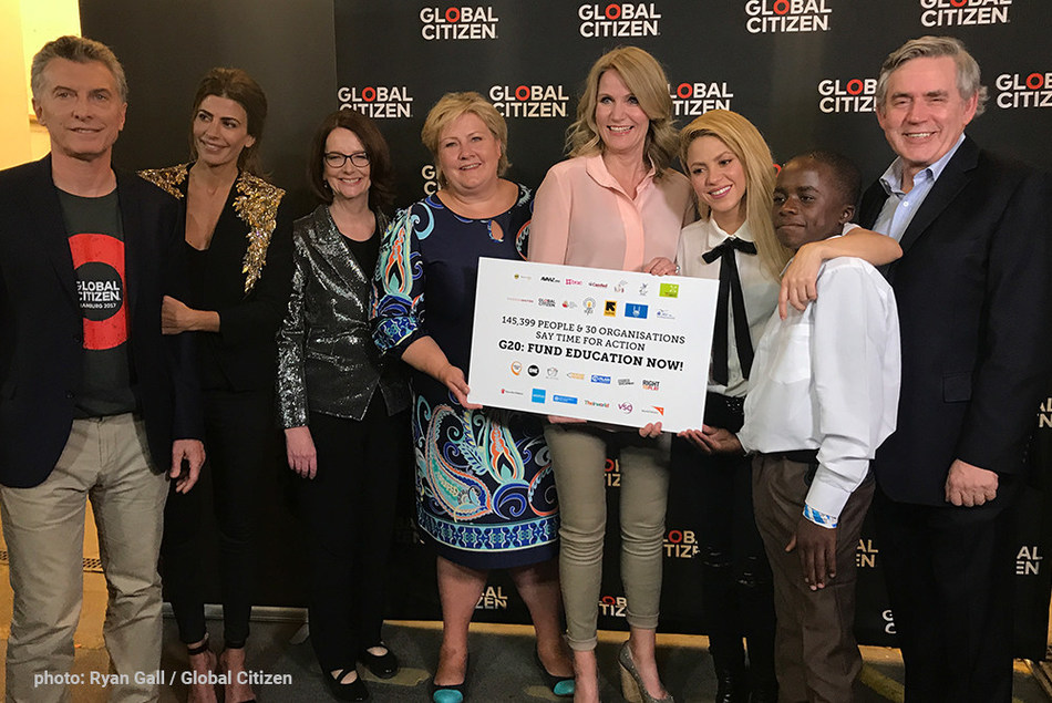 Backstage at the Global Citizen Festival in Hamburg, Germany on July 6, 2017 (from left to right): Mauricio Macri, President of Argentina; Juliana Awada, First Lady of Argentina; Julia Gillard, Chair of the Global Partnership for Education; Erna Solberg, Prime Minister of Norway; Helle Thorning-Schmidt, CEO of Save the Children International; Shakira Mebarak, International Artist; Wongani Nyirenda, Education Advocate; Gordon Brown, UN Special Envoy for Global Education.
