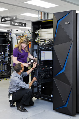 The IBM Z mainframe is a breakthrough in data protection technology designed to tackle the epidemic of data breaches. IBM hardware engineer Rhonda Sundlof (top) and distinguished engineer Karl Casserly test the IBM Z which is manufactured In Poughkeepsie, NY. Contact: Lori Bosio, IBM, bosiol@us.ibm.com 914-765-2367 (Photo Credit: Connie Zhou for IBM)