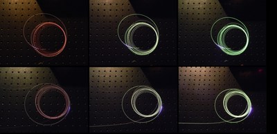 Visible fluorescence of quartz fiber doped with ytterbium and holmium under the influence of optical pumping done with a laser diode with a wavelength of 1.06 µm with the capacity of 1 (left), 3 (middle) and 5 (right) W. (PRNewsfoto/NUST MISIS)