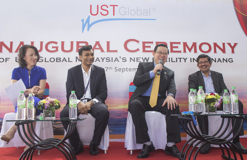 Dato’ Loo Lee Lian (CEO, investPenang); Amar Chhajer (Country Head of Malaysia, UST Global); Y.A.B Tuan Lim Guan Eng, The honorable Chief Minister of Penang; and Gilroy Mathew (General Manager APAC, UST  Global) during the press conference at the inaugural ceremony of UST Global’s new facility in Penang (PRNewsfoto/UST Global)